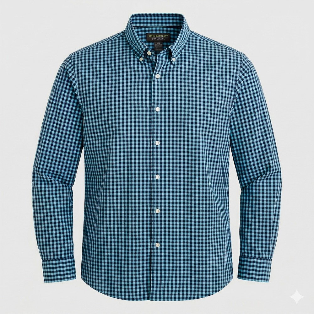 John Bartlett Consensus Mens XXL Blue Gingham Button Down Cotton Shirt L/S